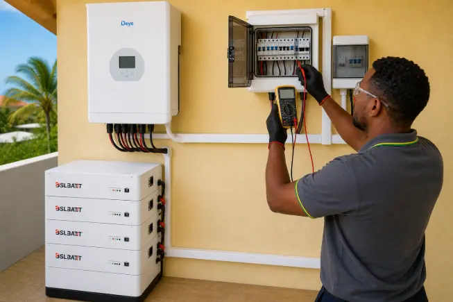 Ecofarm elektromonteur meet een AC DC installatie vanuit rechterperspectief